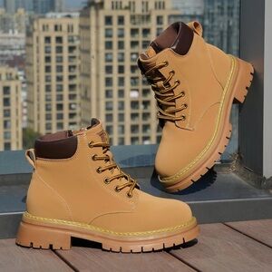 Women Leather Ankle Boots Low Heel Combat Boots Outdoor Fashion Work Boots